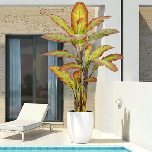 Roselywed Artificial Banana Tree 7FT with 17 Tricolor Leaves & 3 Trunks Realistic Golden & Purple & Green Thick Leaf Tall Large Fake Faux Tropical Autumn Plant 82 Inch Black Pot for Indoor Home Office