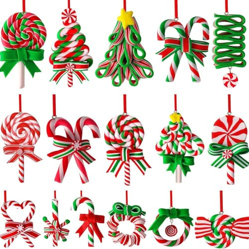 16 Pcs Christmas Lollipop 2D Hang Ornaments, Mini Colorful Candy Cane Flat Hanging Ornaments Peppermint Pendants for Xmas Tree Party Home Decor Tree New Year Party Supplies, S2 Pattern 3