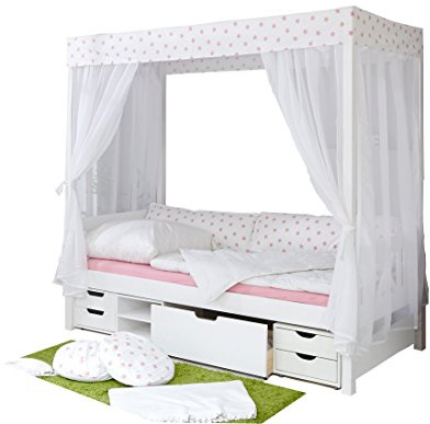 TiCAA Himmelbett Marlies Massivholz Kiefer inkl.Tüll-Set Weiß Rosa
