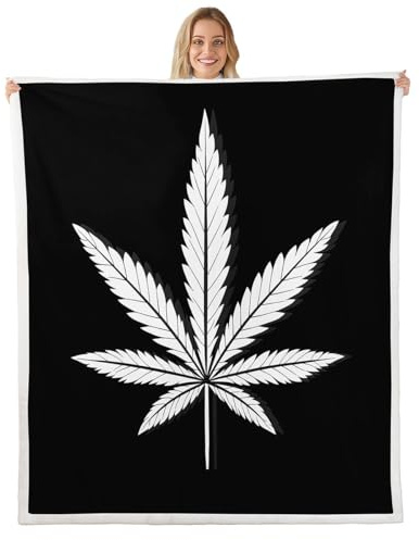 Feelyou Marijuana Leaf Sherpa Blanket Cannabis Leaves Throw Blanket Marijuana Weed Leaf Print Fleece for Couch Bed Sofa Men Bedroom Decor Black White Leaf Pattern Fuzzy Queen 90x90