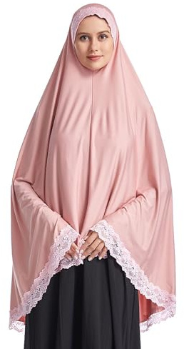 Lenmipot Muslim High Stretch Hijab Pure Color Half-body Cover Hijab with Lace for Praying