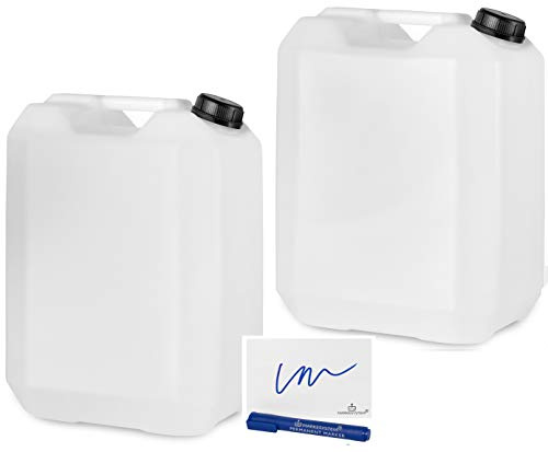 MARKESYSTEM - Garrafa bidón plástico HPDE (25 Litros) PACK 2 Uds + Kit Etiquetado - Rosca boca ancha - Homologada ADR - Apilable - Apta uso alimentario - Ideal como depósito líquidos y químicos