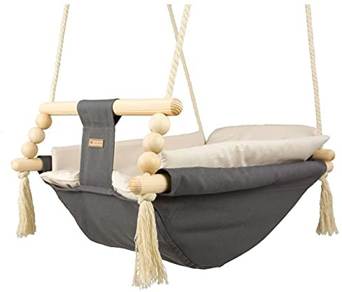 Babyschaukel Kleinkindschaukel Babyliegeschaukel Stoffschaukel Babywippe Wiege (Muster: grau-beige)