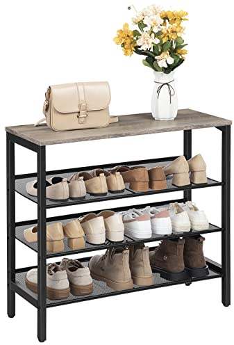 HOOBRO 4 Ebenen Schuhregal, Schuhablage mit flach oder abgewinkelt, Schuhbank mit 3 Gitter-Ablagen, Stabil, für Eingangsbereich, Flur, Schlafzimmer, Greige-Schwarz EBG14XJ01