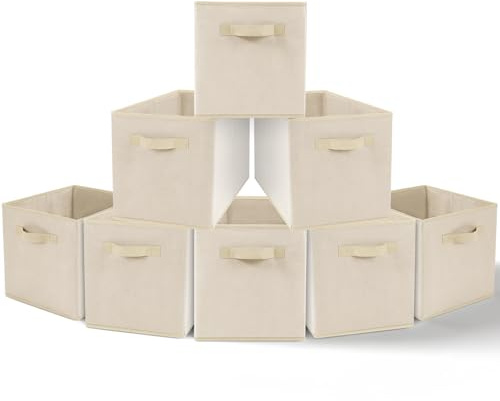 Amazing Tour 8 PCS Cube Storage Boxes 33x38x33 Foldable Fabric with Handles Collapsible for Home Office Nursery Organiser - Clothes Basket Containers, Beige