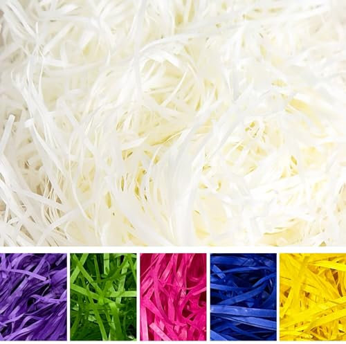 500g Raffia Füllmaterial Geschenk, Hamper Shred Geschreddertes Papier Geschenk Füllung für Party Hamper Füllung und Geschenkverpackung für Geschenkbox Dekorations (Weiß)