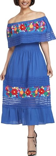 YZXDORWJ Women Embroidered Mexican Peasant Casual Sexy Lace Off-Shoulder Long Dress (L, 348CBL)