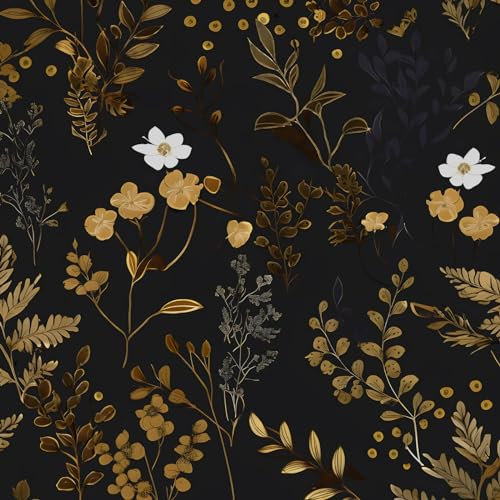 XRUIBZI Black Floral Wallpaper Peel and Stick Wallpaper Leaf Wallpapers Gold Leaf Contact Paper for Cabinets Waterproof Self Adhesive Wall Paper for Kitchen Countertop Wall 17.5 x 393