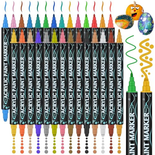 Goldge Acrylstifte für Steine Wasserfest, 28 Farben Dual Tip Steine zum Bemalen Acrylmarker, Acrylic Paint Marker, Acrylstifte Wasserfest fur Leinwand, Glas, Holz, Keramik, Basteln, Fotoalben, DIY