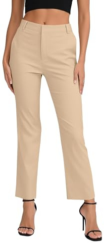 EXCHIC Donne Business Casual Elastica Vita Gamba Dritta Pantaloni con Tasche(L, Khaki)