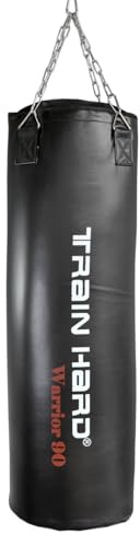 Train Hard® PVC Boxsack Sandsack Punching Bag gefüllt inkl. Heavy Duty Stahlkette und Drehwirbel (A:90x30cm,25kg)