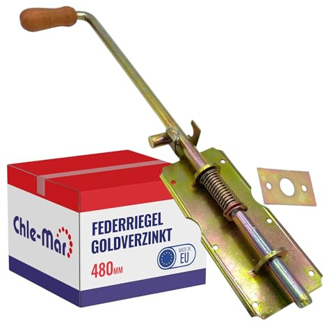 Chle-Mar Federriegel 480 mm verzinkter Schieberiegel mit Federmechanismus | Torverriegelung, Ideal für Türen, Tore, Gartentore & Ställe, Türriegel mit Holz- oder Kunststoffgriff, Federbolzen