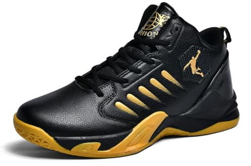 Men's Basketball Shoes Womens mid-top Trainer air Cushion Sports Trainer Breathable Lightweight Boys & Girls Walking Shoes Students Sport Size 3.5-10.5K (Black-Golden,10.5)