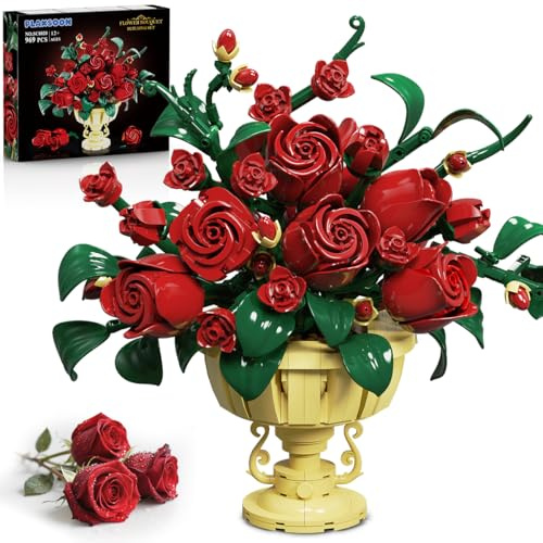 Plaxsoon rosa flores construcción, 969 piezas flores botánicas conjunto de ladrillos de construcción, colección de plantas bonsai casa oficina decoración, regalo para adultos mujeres niños niñas 12+