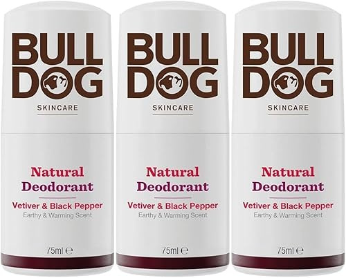 BULLDOG Soins de la peau - Lot de 3 déodorants naturels à bille vétiver et poivre noir pour homme 75 ml