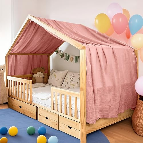 FloraVigo Handgefertigte Bettdecke für den Innenbereich, 100% Baumwolle, Musselin, Bettüberwurf für Zuhause, Bettdekoration, geeignet für Mädchen, Jungen (132 x 320 cm Altrosa)