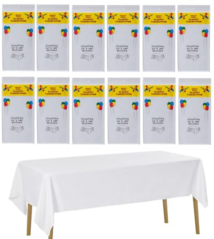 CEILIWEN 12-Pack White Plastic Table Cover – 274 x 137cm Rectangular Tablecloth, Solid Color Party Tablecloths, Ideal for Party, Wedding, Catering & Buffets