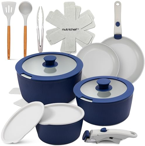 NutriChef Topfset 18 Teilig Keramik Blau mit Abnehmbaren Griffen Induktion Topf und Pfannenset Antihaft Platzsparend Stapelbar Ofenfest Alle Herdarten