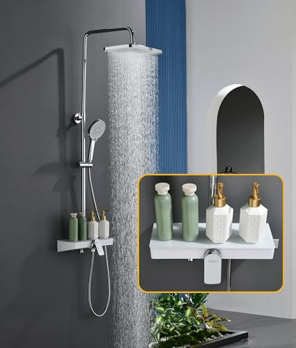 Süßren Colonne de Douche ChroméE,RéGlable En Hauteur,Pivotante à 360°,éQuipéE D'Une Pomme de Douche à Effet Pluie Et D'Une Tablette En Verre de 35 × 14 cm