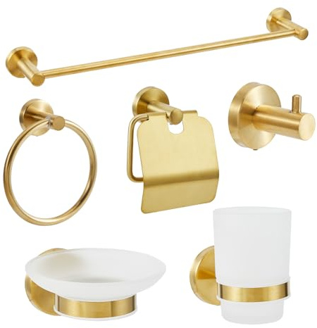 Bathroom Accessories Set 6-Piece, Gold Bathroom Hardware Set, 23.6 Towel Bar, Toilet Paper Holder, Towel Ring, Double Hook, Toothbrush Holder, Soap Dish for Bathroom