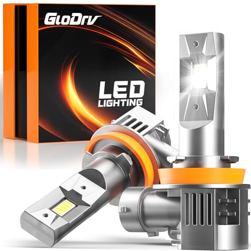 GloDrv [2026 Upgraded] H 11 LED Light Bulbs for Cars, 6500K Cool White, 75,000LM, 1:1 Halogen Beam, All-in-One Mini Design, Canbus Ready, Plug and Play, IP68 Waterproof, Fog Light, Pack of 2