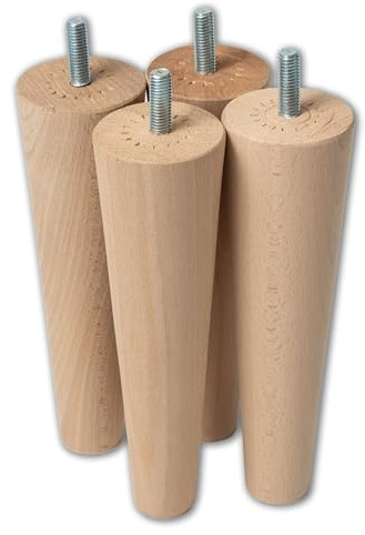 IPEA Piedini in Legno per Mobili e Divani - MOLTO ALTI: ben 20 CM – [ DESIGN MINIMAL ED ELEGANTE ] - Set di 4 Piedi in Legno Grezzo a Cono per Armadi, Poltrone, Arredamento - Gambe Letti – Vite M10