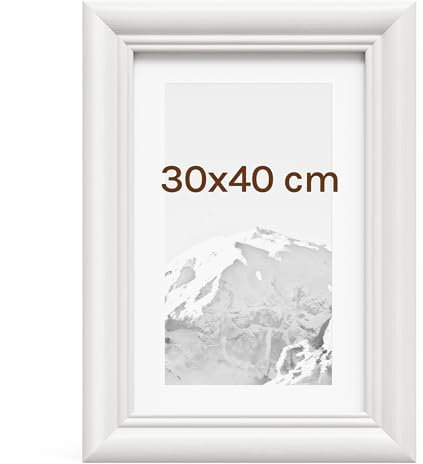 WOLTU Bilderrahmen 30x40, Fotorahmen aus Massivholz und PS-Platte, Holzrahmen mit Passepartout, zum vertikalen oder horizontalen Aufhängen/Aufstellen, Posterrahmen Collage Wanddeko, Weiß