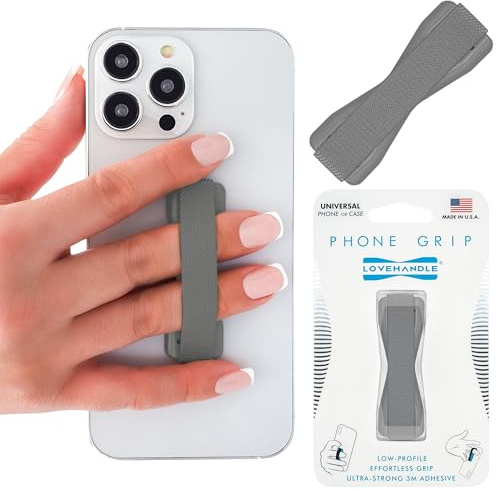 LOVEHANDLE Universal Phone Grip for Smartphones & Mini Tablets - Phone Holder for Hand - Wireless Charging Compatible - Made in The USA - Solid Silver