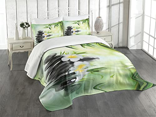 ABAKUHAUS Spa Tagesdecke Set, Bambus japanische Relax, Set mit Kissenbezügen Ohne verblassen, für Doppelbetten 264 x 220 cm, Anthrazit grau Hellgrün Gelb