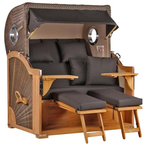 MR. DEKO® Strandkorb Baltikum 2,5-Sitzer Teak | PE Geflecht Grey | Volllieger Strandkörbe aus Teakholz mit 2 Bullaugen & Fußablagen | Polster mit 4 Kissen | Strandstuhl (Dessin 548)