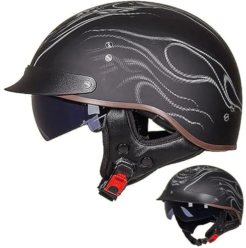 Halbschalenhelm mit ECE, Retro Jethelm Chopper Helm Retro Motorrad Helm, Halbhelme Scooter-Helm Mofa-Helm mit Sonnenblende und Herausnehmbares Atmungsaktives Futter