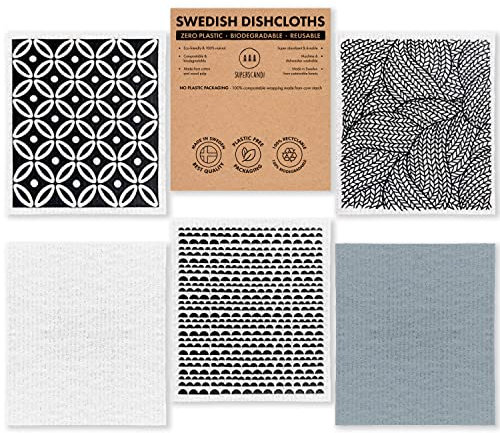 SUPERSCANDI Panni Cucina 5 Pezzi – 100% Biodegradabili e Compostabili|Panni Spugna Riutilizzabili, Sicuri per Alimenti e Senza Plastica|Panno Spugna Cucina per Ogni Superficie, Scandi Artdeco Bianco