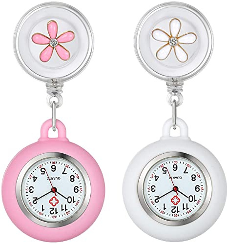 WONOLO Retractable Nurse Fob Watch for Nurses Doctors Paramedics, 2 Pcs Luminous Clip-on Hanging Lapel Pocket Watches with Cute Flower Pattern, Pointer Glow in Dark(Pink & White)