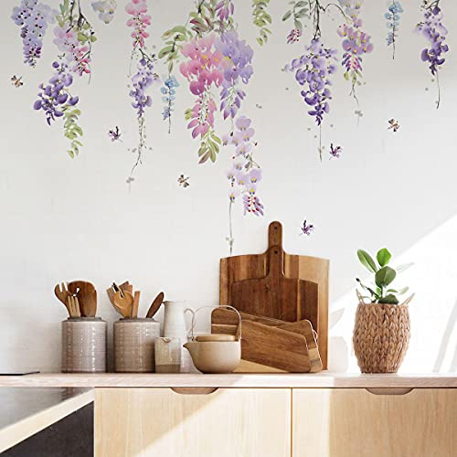 Runtoo blomma väggdekaler lila hängande vinstockar blommor väggklistermärken för flickor sovrum barnkammare vardagsrum väggdekor