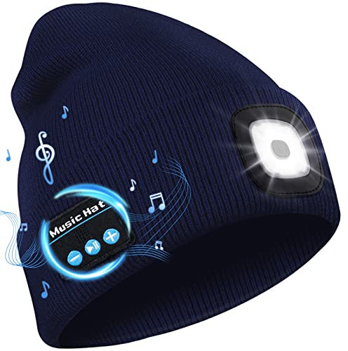 Deilin Bluetooth Beanie Hut mit Licht, Unisex USB wiederaufladbare 4 LED Headlamp Cap mit Kopfhörer, Geschenke für Männer Frauen Teen（A Marine）