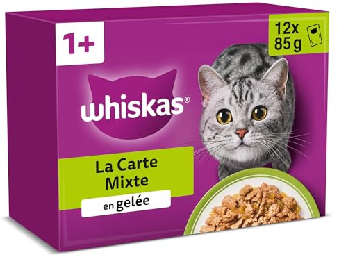 WHISKAS Aliment humide en gelée pour chat adulte 12x85 g La Carte Mixte (Lot de 4) 48 Sachets