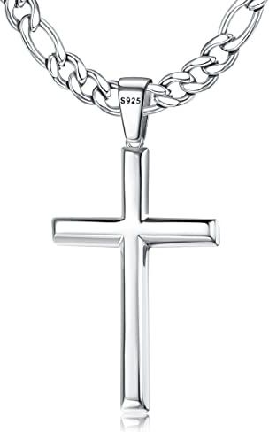 Krfy 925 Silber Kreuz Anhänger Halskette für Männer Damen mit 5mm Durable Edelstahl Diamant-Cut Figaro oder Curb Kette Halskette 18K Weißgold überzogene Kreuz Anhänger Halskette für Herren 18-30 Zoll