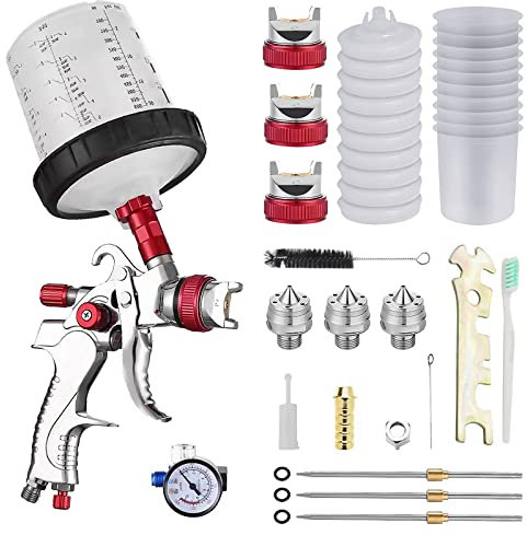 Pistola a Spruzzo Kit, Pistola per Verniciare a Spruzzo HVLP con 10PCS Tazze per pistola a spruzzo,HVLP Pistola Verniciatura Professionale,Aria Alimentazione a gravità Kit Pistola Pneumatica