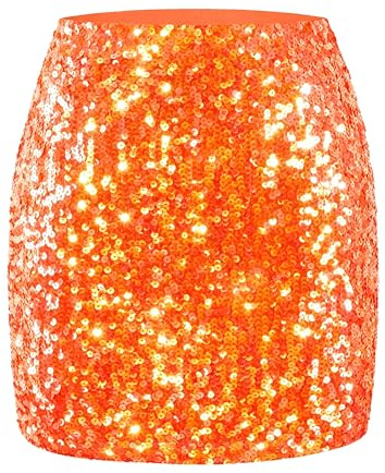 Maner Paillettenrock für Damen, Glitzer, dehnbar, figurbetont, Mini-Röcke, zum Ausgehen, Party, Orange/Abendrot im Zickzackmuster (Sunset Chevron), Klein