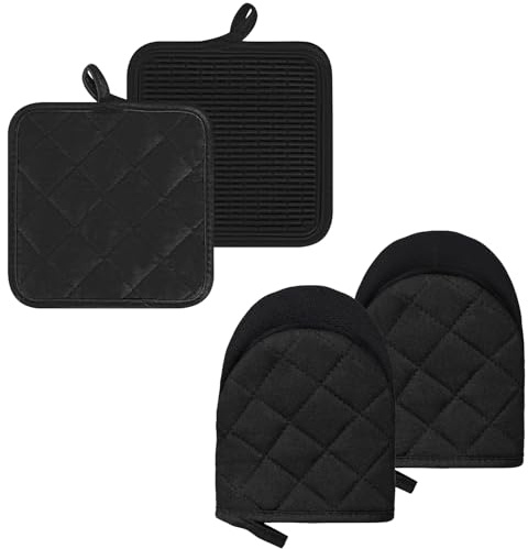 Oven Mitts and Pot Holders Set of 4, Silicone Heat Resistant Mini Oven Mitts for 500 Degree, Mini Oven Mitts and Hot Pads for Baking, Grilling,