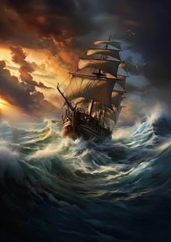 adrium Acryl-Bild 30 x 40 cm: Das Gemälde zeigt ein orientalisches Schiff in einem stürmischen Sonnenuntergang über dem Meer. Der digitale Wind lässt die (209037620)