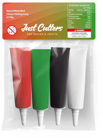 JUST CUTTERS Ready to Use Writing Icing Tubes, 4x19g, Instant Icing Pens for Cakes, Biscuits & Baking (Red/Green/White/Black)