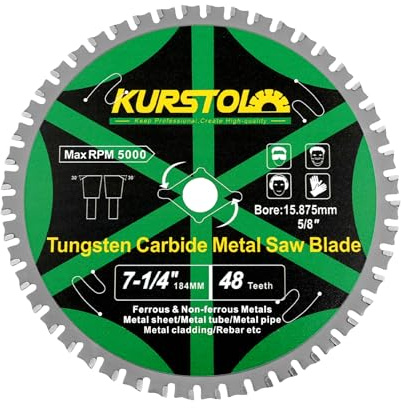 184mm Metal Cutting Circular Saw Blade - KURSTOL Tungsten Carbide Tipped Saw Blade 48T for Steel, Stainless Steel, Nickel, Titanium, Ferrous Metals, Steel Pipe, Arbor 15.875mm