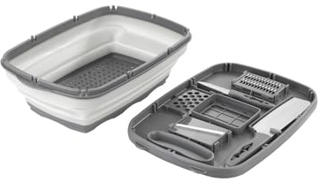 Juego de utensilios de cocina con recipiente, 2 cuchillas y 5 ralladores – Kit contenedor de cocina con colador integrado y tabla de cortar, de polipropileno y acero inoxidable, 34 x 23 x 11 cm, gris