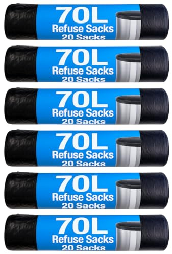 LND Gifts Refuse Sacks - Pack of 120-70 Litre Black Bags, Bin Bags, Durable Bin Liners for Pedal and Swing Bins Recycled Material and fully recyclable