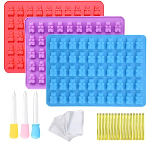 INNAL 3 Pcs Gummibärchen Formen Silikonform Gummibärchen Antihaft Wiederverwendbare mit 3 Tropfern 50 Transparente Beutel 50 Goldene Kabelbinder Gummibärchenform für DIY Gelee Schokolade Süßigkeiten | Gummies Formen Silikon Ohne BPA mit 3 Pipetten & 50 Klarsichtbeutel & 50 Goldene Kabelbinder für DIY Schokolade Gelee