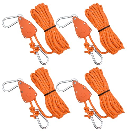4 st reflekterande tältrep 6,0 mm campingrep med remskiva, spärrrep med krok, klättringsrep i nylon, 5 m (2 fot), utomhus, tvättlina, spännare för vandring, markisering (orange)