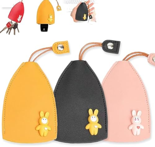 Custodia Protettiva per Chiavi, 3 Pezzi Cover Chiavi Auto Protezione in Pelle PU, Portatile Push-pull Cover Chiave Auto, Guscio per Chiavi Auto key holder (Coniglio, Rosa, giallo, nero)