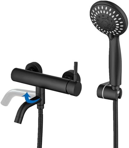 BAITUJIE Rubinetti per vasca con doccetta Rubinetto per vasca a parete Rubinetto nero per vasca da bagno Bocca girevole a 90 ° con doccetta a 5 funzioni