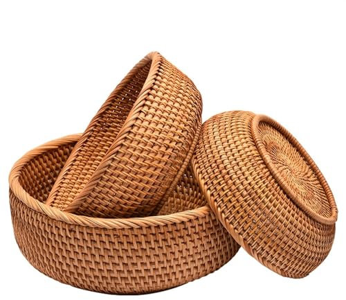Cesta de frutas Cesta redonda de pan de ratán de 3 piezas: cesta de pan de frutas de mimbre natural, cuencos redondos de cesta tejida de frutas, cesta de pan de ratán hecha a mano for servir Fruteros